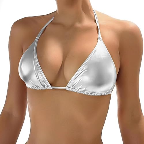 Kepblom Women's Silver Metallic Bikini Top Small Halter Triangle Bralette