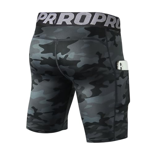 LANBAOSI Men's Camo Black Compression Shorts with Phone Pocket - Gym & Running Tights, Summer Cool Dry Baselayer (Medium)