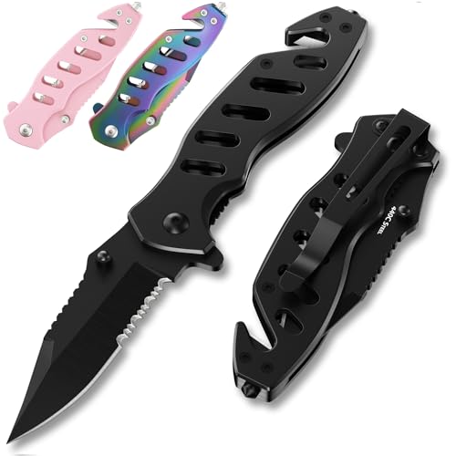 Compact Tactical Knife - 2.68" Serrated Blade - Black Folding Tool with Glass Breaker & Seatbelt Cutter