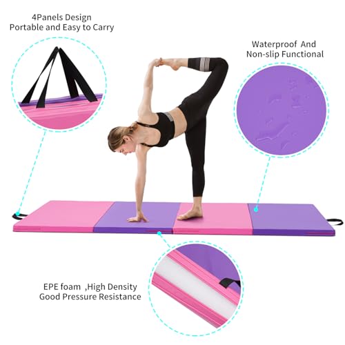 Gymnastics Mat 6'x3'x2'' - Foldable Exercise Mat for Home - Pink & Purple