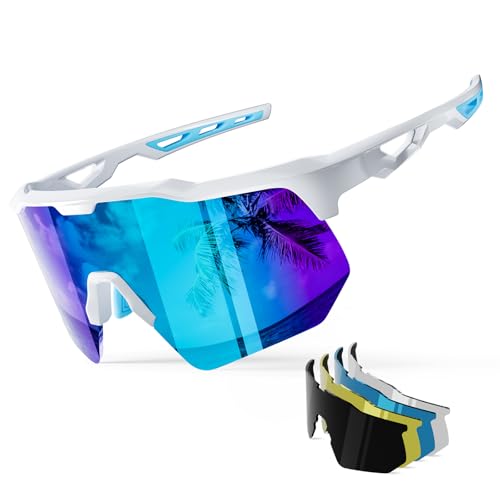 Sports Sunglasses with 5 Interchangeable Lenses - A-bright White Sky Blue