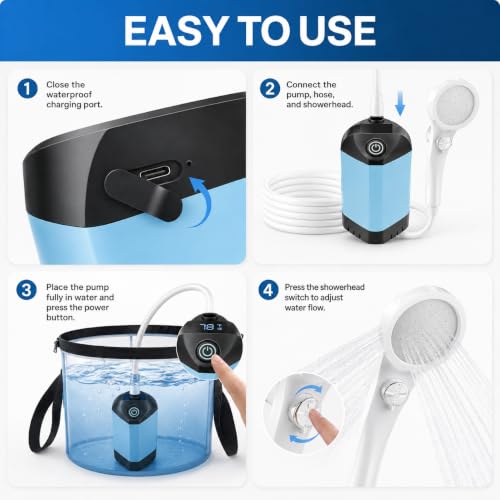 B013 Rechargeable Blue Portable Camping Shower with LED Display and 3 Spray Modes