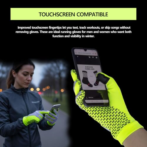 ReflecToes Yellow Large Reflective Winter Running Gloves Men - Hi Vis Neon Traffic Gloves