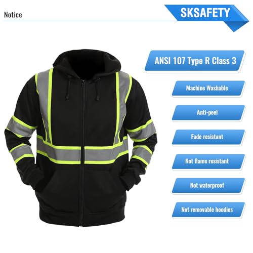 SKSAFETY Hi Vis Work Safety hoodies for Men - Class 3 High Visibility Reflective Hoodie Jacket, High Vis Zipper Hoodie with Black Bottom, Construction Sweatshirts with Pockets