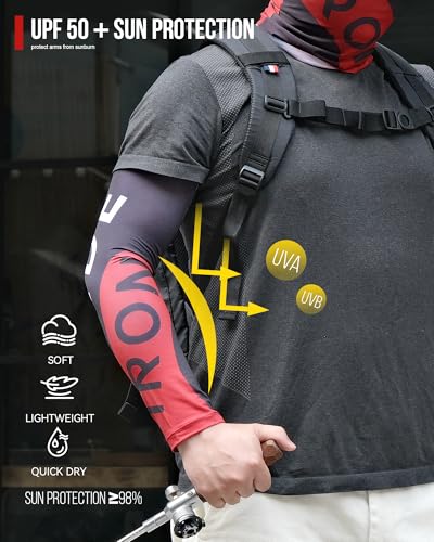 UPF 50+ Cooling Neck Gaiter and Arm Sleeves Set - Large Black & Red