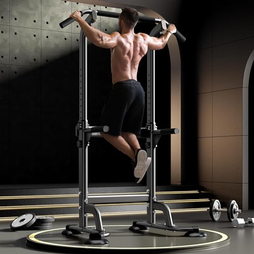 Power Tower Dip Station - Adjustable Height, Black - 330LBS Capacity