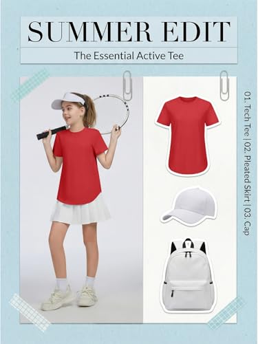 Girls Athletic Short Sleeve Tunic Tops - Red, 9-10 Years