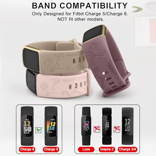 Floral Engraved Fitness Tracker Band for Charge 6/5 - Blue Gray