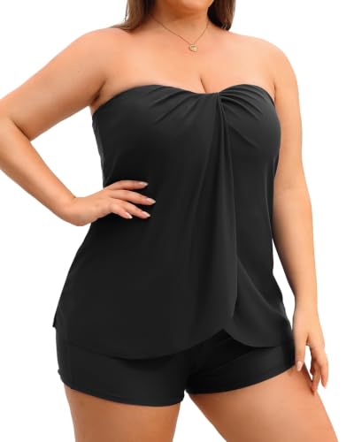 Plus Size Bandeau Tankini 2-Piece Halter Swimsuit with Shorts - Black (Size 22 Plus)