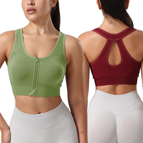 Senlinyoga Front Closure Seamless Support Women’s Everyday Sports Bra – Medium, Green+Wine