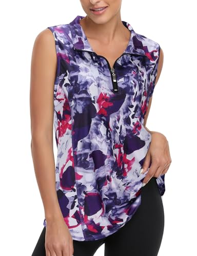 Viracy Women's Zip Up Golf Tank Top A-tie Dye Large Quick Dry Athletic Polo Shirt