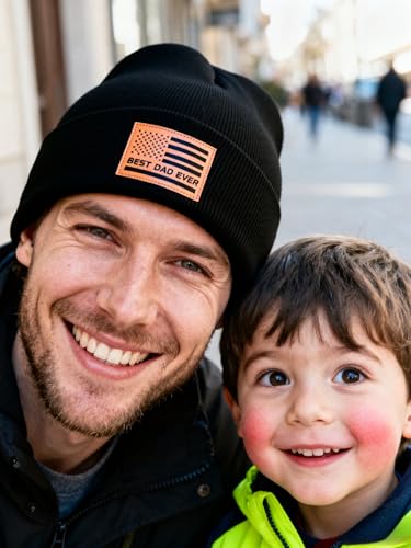 Knit Cuffed Winter Beanie Hat for Dad - Black Leather Patch