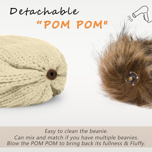 Women's Winter Knitted Beanie Hat with Faux Fur Pom - Beige