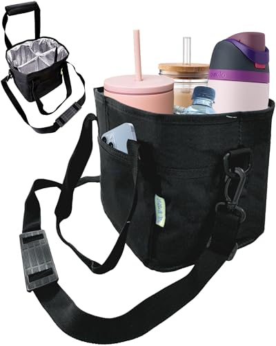 NoNa & Bee 4-Water Bottle Holder with Strap (Black) – 4 Compartment Insulated Carrier