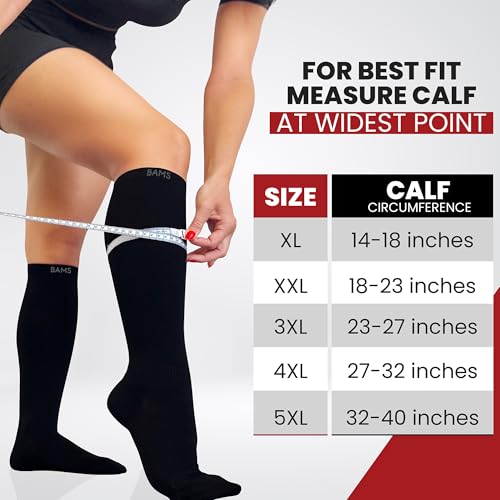 BAMS Plus Size Compression Socks Wide Calf XL 3X-Large Black Graduated Knee-High Support Bamboo Viscoose