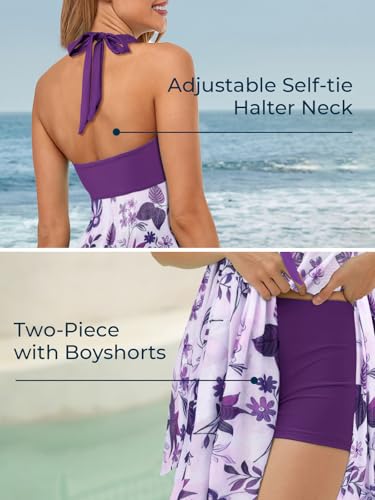 MiYang Womens Tankini Swimdress with Boyshorts — Purple Phalaenopsis, V-Neck Bowknot Halter, Two-Piece Bathing Suit Dress (Large)