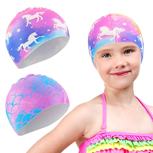 WAWSAM Unicorn Mermaid Kids Swim Cap 2 Pack Silicone 3-8 Years – Long & Short Hair