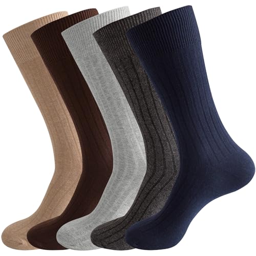 PUJANE Men's Dress Crew Socks 5 Pairs - Beige, Coffee, Grey, Navy, Light Grey, 9-12