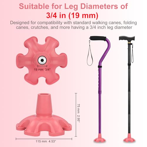Self-Standing Cane Tip - 6 Prong Rubber Base for 3/4" Canes - Pink
