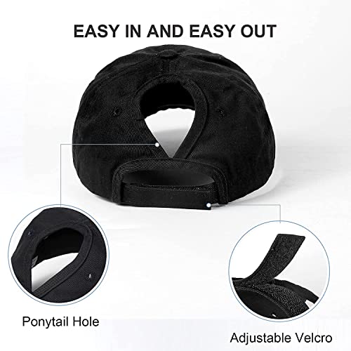 Distressed Ponytail Baseball Cap - Adjustable Cotton Hat - Black