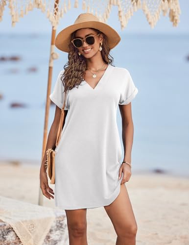 Women's V Neck Beach Swimsuit Coverup Dress with Pockets - White / X-Large