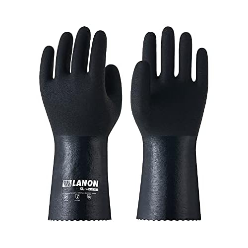 LANON 3 Pairs Nitrile Chemical Resistant Gloves, Reusable Heavy-Duty Rubber Gloves with MicroFoam Textured Palm, Acid, Alkali and Oil Protection, Black, Large