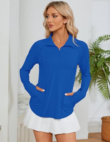 LOMON Women's Long Sleeve Sun Protection Hiking Shirt with Quarter Zip - Royal Blue, Medium