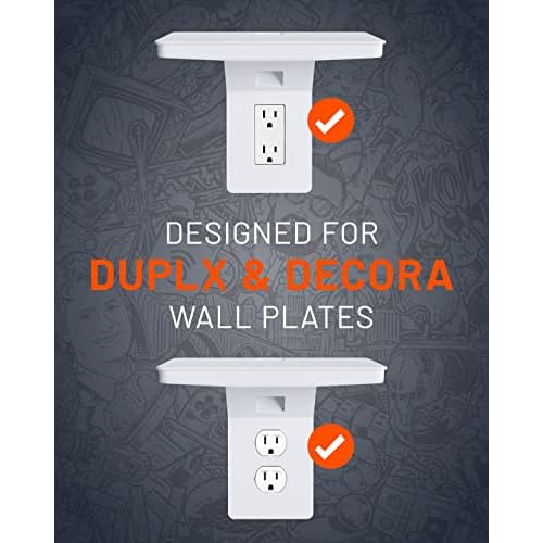 ECHOGEAR Wide Outlet Shelf - Next-Gen Design with Built-in Cord Storage & Room for Bulky Plugs - Works with Both Standard & Decora Outlets - Quick Install with Included Hardware