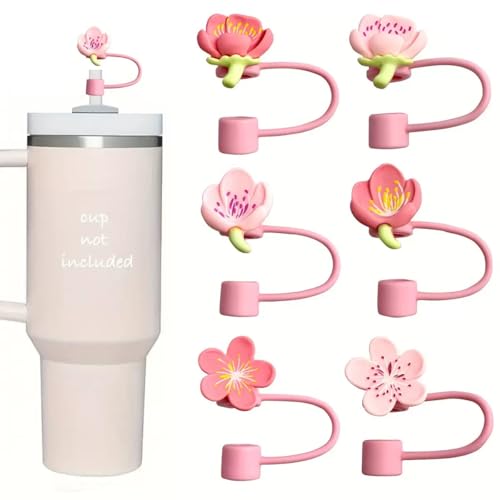 Pink Flowers Straw Toppers - Silicone Covers for 30&40 Oz Tumblers - 6Pcs