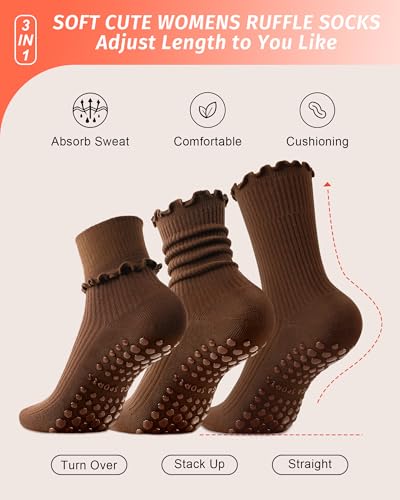 Non-Slip Pilates Socks for Women - 4 Pairs Black, Brown, Caramel, White