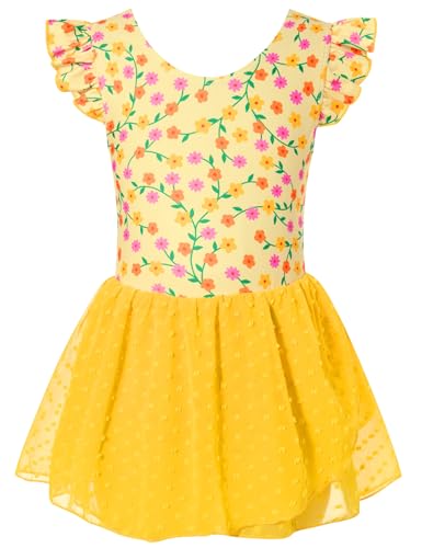 Funnycokid Girl Ballet Leotard 5T Flower Yellow Dance Costume