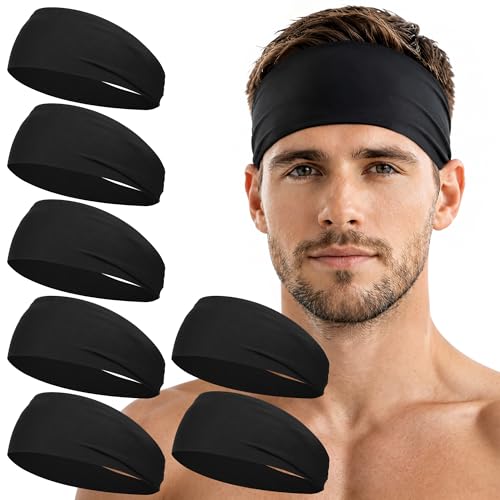7-Pack Sweat Absorbent Sports Headbands - Black Non-Slip Elastic