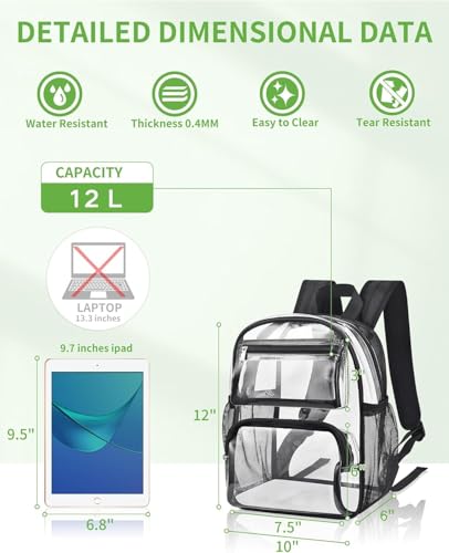 Clear Backpack Stadium Approved - 12x10x6 Transparent Bag