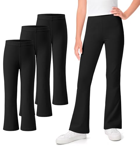 Kereda 3-Pack Girls Uniform Pants, Flare Bell Bottoms Leggings, Black, 9-10 Years