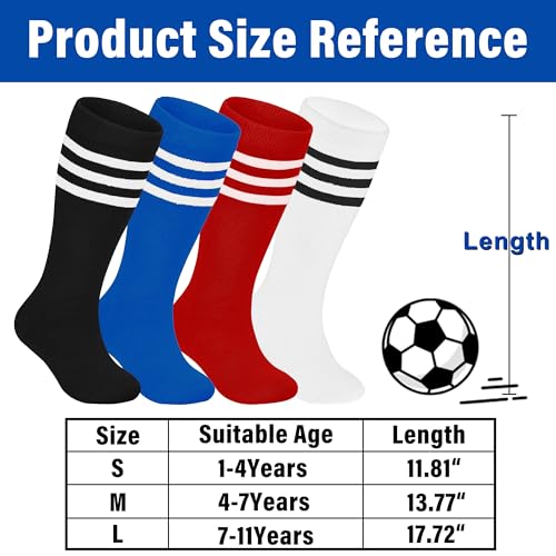LPMOERA Toddler Soccer Socks 4 Pairs, Knee High Athletic Socks for Boys & Girls, 1-4T, Black/White/Blue/Red