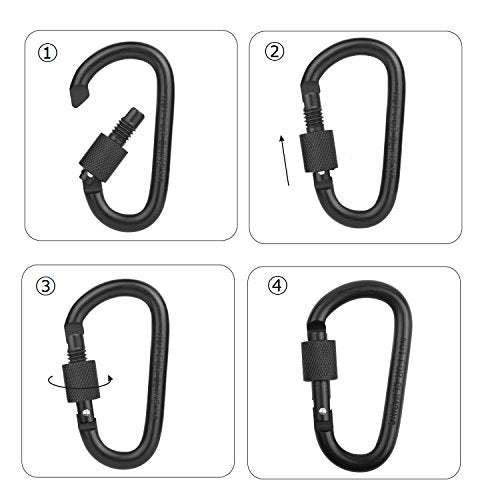 Locking Carabiner Clip - 3 Inch D Ring Aluminum Hook, Black 4pcs