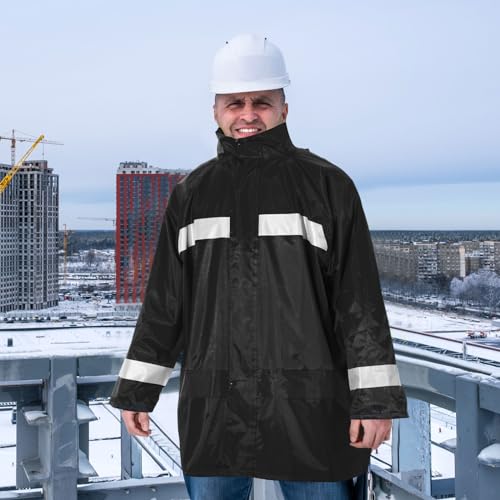 2 Pcs Reflective Rain Jacket for Men Waterproof High Visibility Rain Coat Black Safety Jacket with Reflective Strip