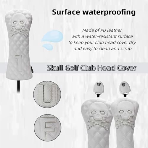 HELLO NRC White Skeleton Golf Club Covers Set for Driver & Fairway Woods 135UT