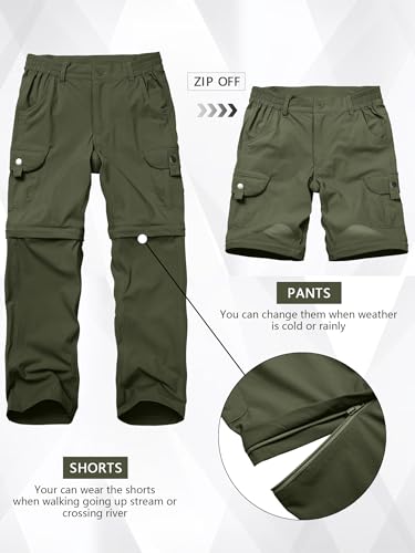 Yevtzl Boys Lightweight Cargo Convertible Hiking Pants - Army Green, Large