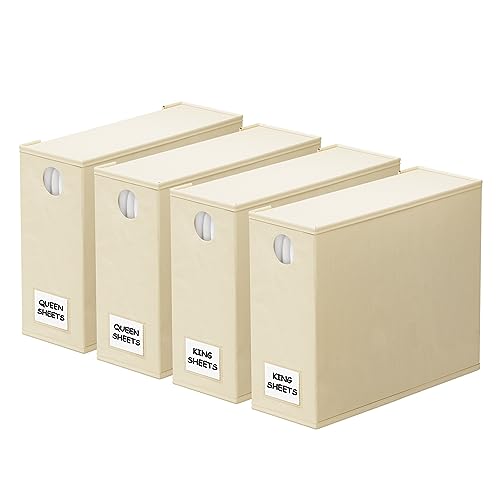 SpaceAid 4 Pack Bed Sheet Organizers and Storage, Foldable Sheet Organizer for Linen Closet, Sheets Set Folder Keeper with Window XL (Queen & King Size) Organizing Bedding Container, Beige