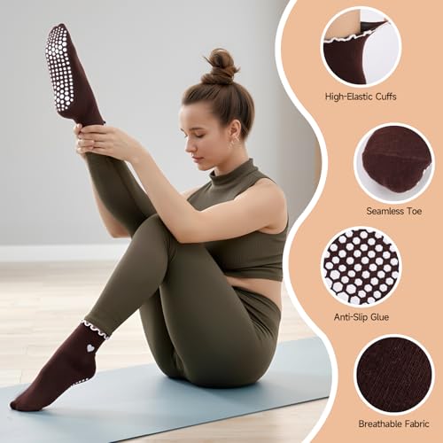 6 Pairs Women's Non-Slip Frilly Pilates Socks - White, Beige, Black & Brown