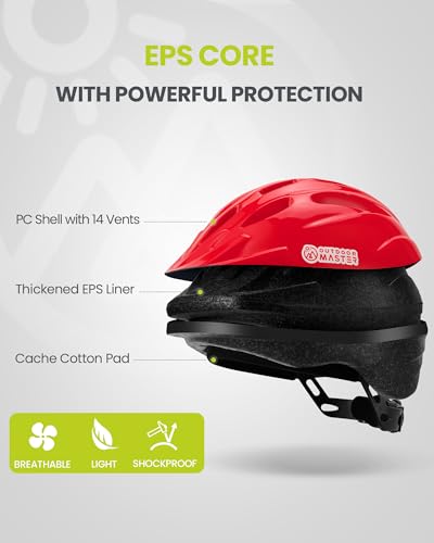 OutdoorMaster Toddler Bike Helmet, Adjustable Lightweight Safety Helmet for Kids, Small 18.9-20.5 in / 48-52 cm, Glossy Red