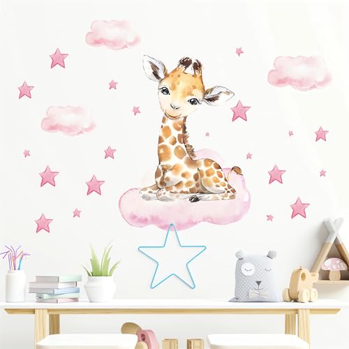 Cute Pink Baby Giraffe Wall Stickers, sacinora Moon and Stars DIY Art Wall Decals Removable Vinyl Peel and Stick for Kids Baby Girls Nursery Bedroom Toddler Room Decorations