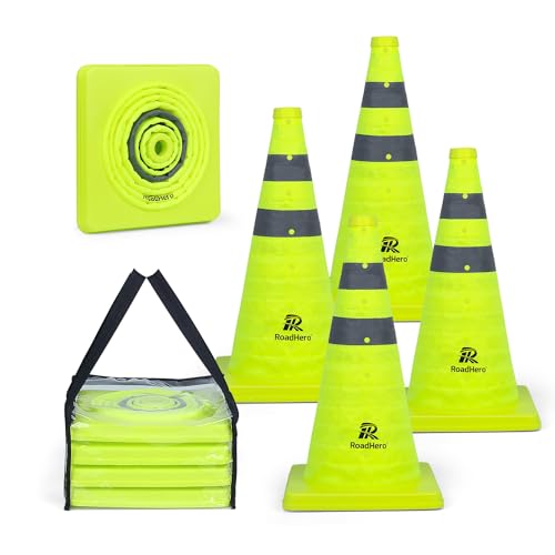 RoadHero 18 Inch 4 Pack Collapsible Traffic Safety Cones, Lime Green Pop-up Cones with Reflective Collar for Road Safety, Driving Training, Parking Lots