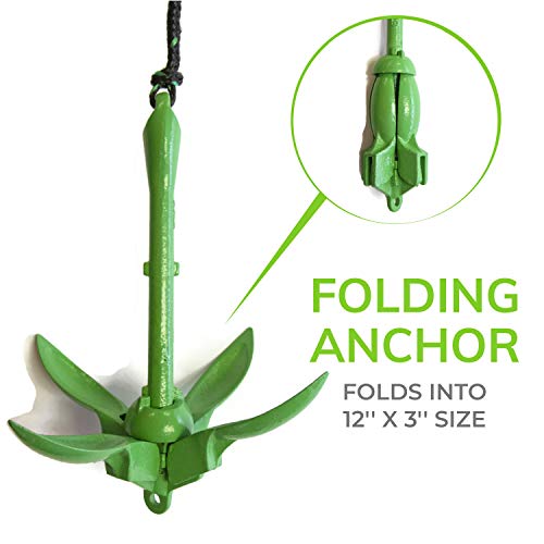 Kayak Anchor Kit 3.5 lb Folding Grapnel Anchor with 25 ft Rope, Green