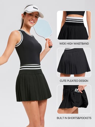 Airfree Two-Piece Tennis Skirt Set for Women, High-Waisted Pleated Golf/Active Skirt with Pockets – Black, Medium