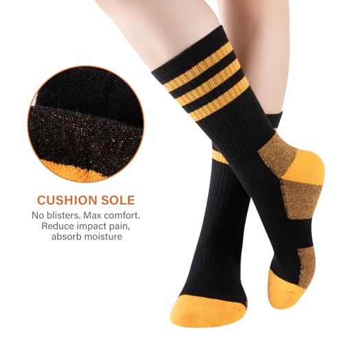 COOPLUS Women's Athletic Crew Socks 5 Pairs Black Cushioned Cotton Wicking Outdoor Sports Calf Socks - One Size