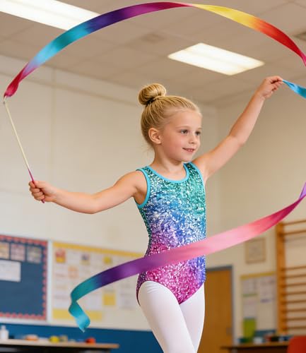 Idgreatim Girls' Shiny Sequin Gymnastics Leotard with Shorts - 6-7 Years, Blue
