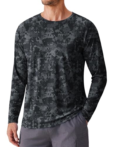 PINSPARK Men's UV Protection Long Sleeve Fishing Shirt Camo Rash Guard Quick Dry Swim T-Shirt - Dark Grey / Medium