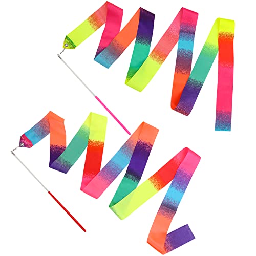 2pcs Rhythmic Gymnastics Ribbons - 78.7 Inch Dancing Streamer Wand - Rainbow